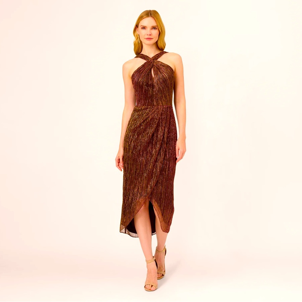 Adrianna Pappell Metallic Knit Halter Midi Dress withh wrap skirt